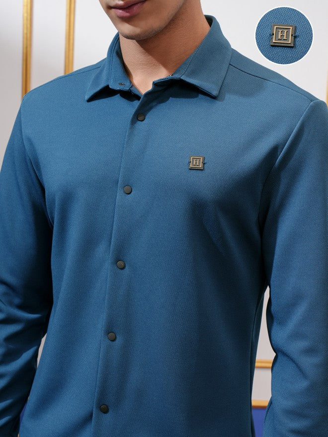 Highlander Men Teal Solid Slim Fit Casual Shirt - Teal - Image 5