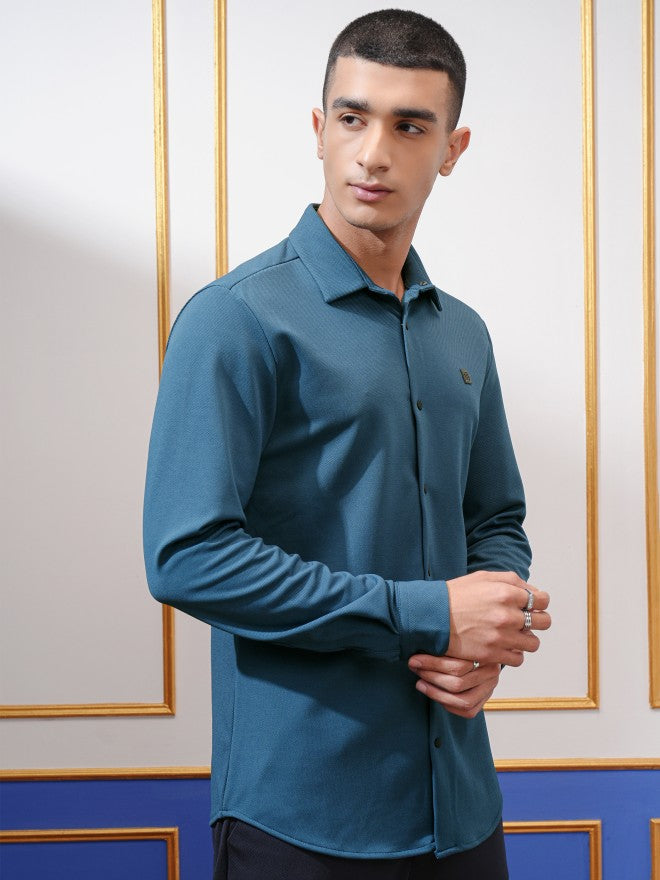 Highlander Men Teal Solid Slim Fit Casual Shirt - Teal - Image 6