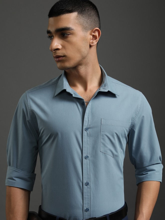 Highlander Men Blue Solid Slim Fit Casual Shirt - Blue - Image 1