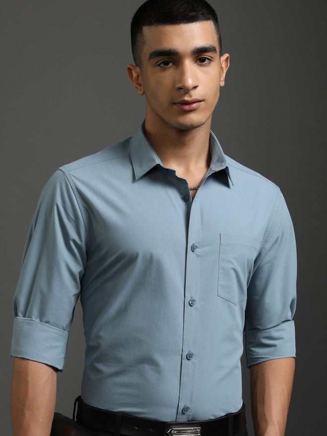 Highlander Men Blue Solid Slim Fit Casual Shirt - Blue - Image 1