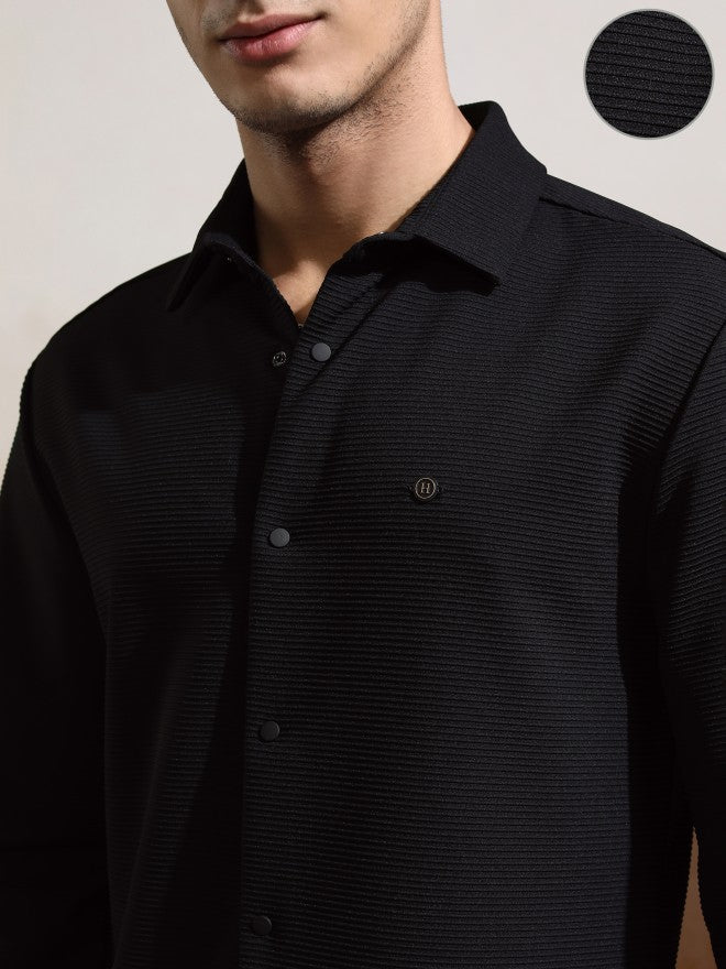 Highlander Men Black Textured Slim Fit Casual Shirt - Black - Image 5