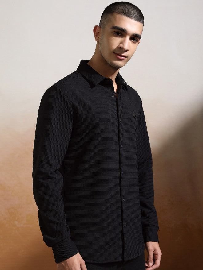 Highlander Men Black Textured Slim Fit Casual Shirt - Black - Image 6