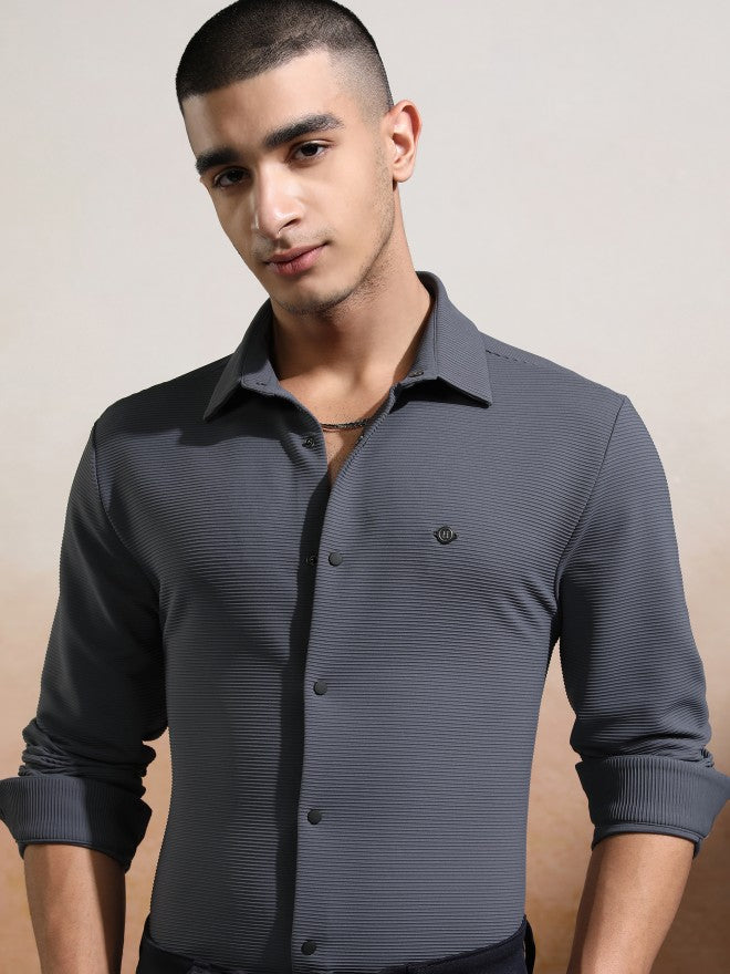 Highlander Men Grey Textured Slim Fit Casual Shirt - Grey - Image 1