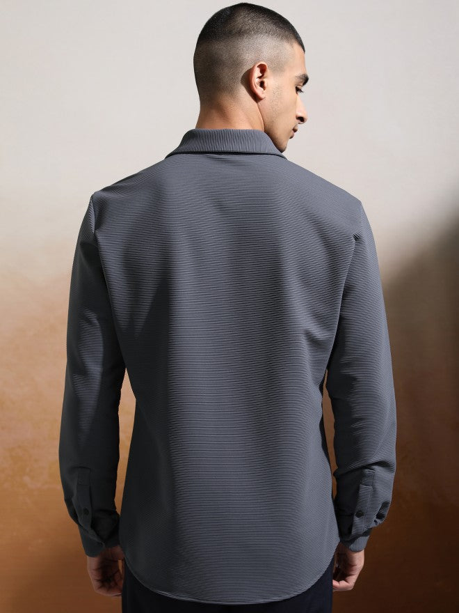 Highlander Men Grey Textured Slim Fit Casual Shirt - Grey - Image 3
