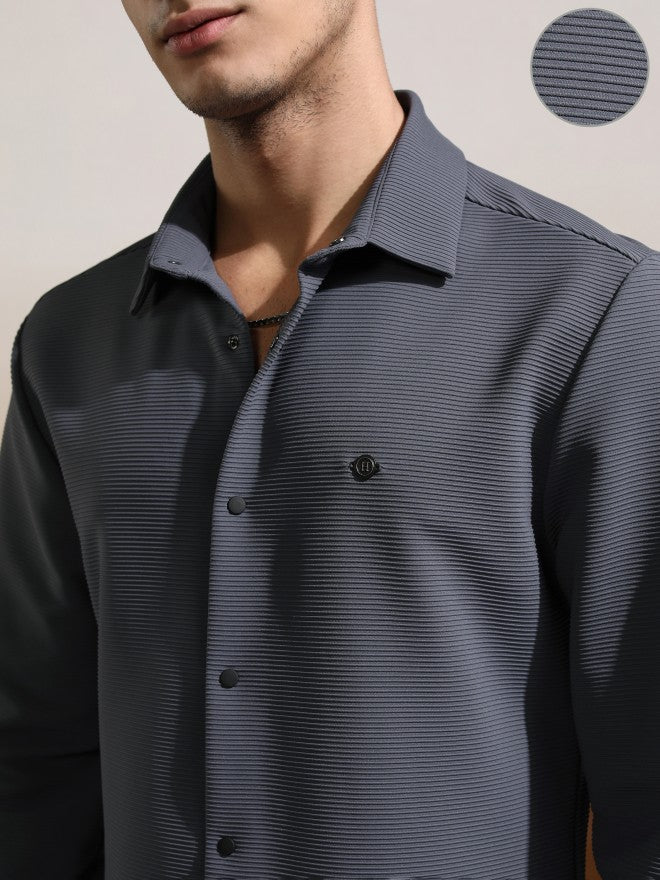 Highlander Men Grey Textured Slim Fit Casual Shirt - Grey - Image 5