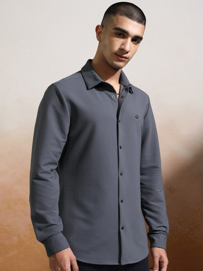 Highlander Men Grey Textured Slim Fit Casual Shirt - Grey - Image 6