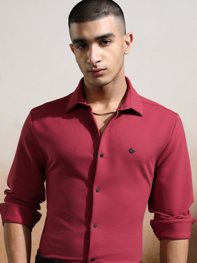 Highlander Men Pink Textured Slim Fit Casual Shirt - Pink - Image 1