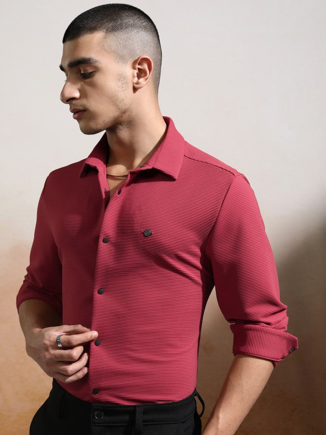 Highlander Men Pink Textured Slim Fit Casual Shirt - Pink - Image 4