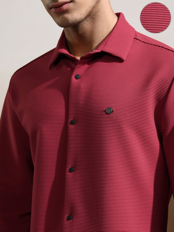 Highlander Men Pink Textured Slim Fit Casual Shirt - Pink - Image 5