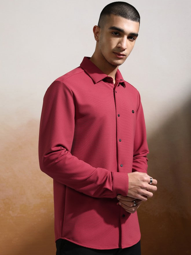 Highlander Men Pink Textured Slim Fit Casual Shirt - Pink - Image 6
