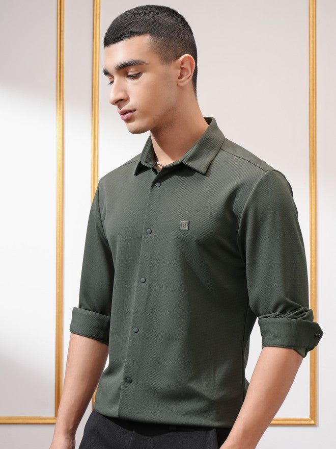 Highlander Men Olive Solid Slim Fit Casual Shirt - Olive - Image 4