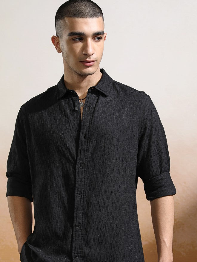 Highlander Men Black Textured Regular Fit Casual Shirt - Black - Image 1