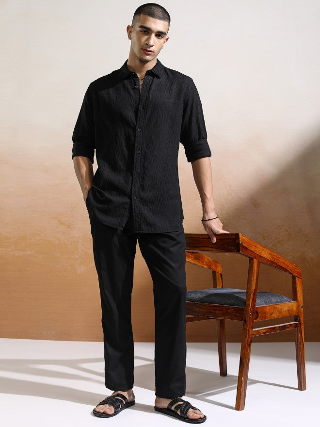 Highlander Men Black Textured Regular Fit Casual Shirt - Black - Image 2