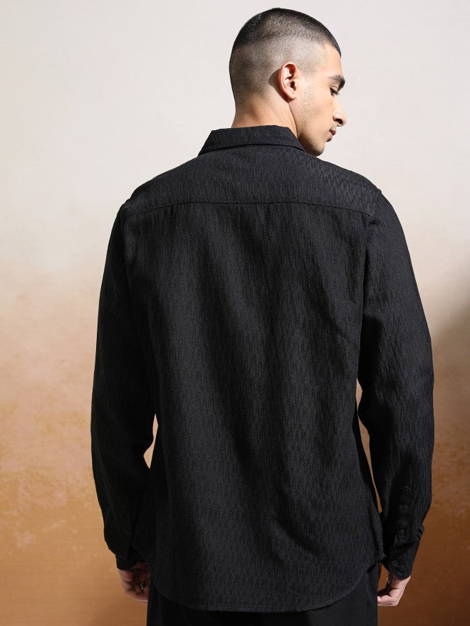 Highlander Men Black Textured Regular Fit Casual Shirt - Black - Image 3