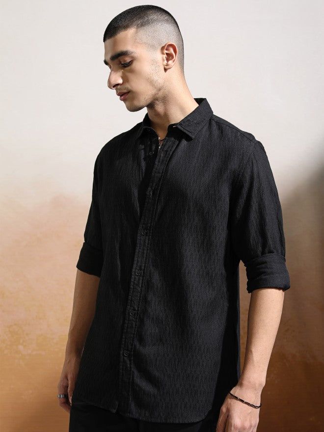 Highlander Men Black Textured Regular Fit Casual Shirt - Black - Image 4