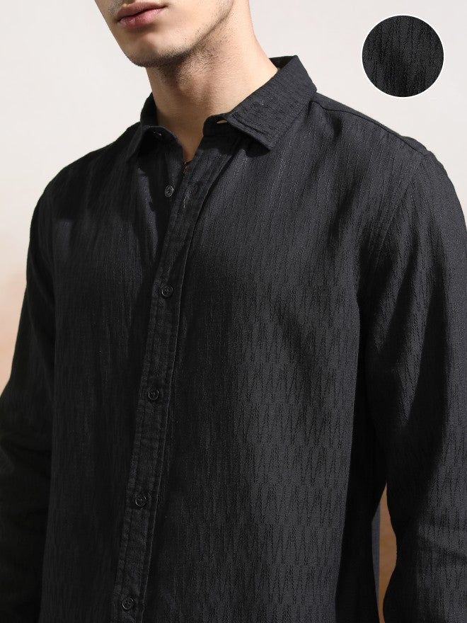 Highlander Men Black Textured Regular Fit Casual Shirt - Black - Image 5