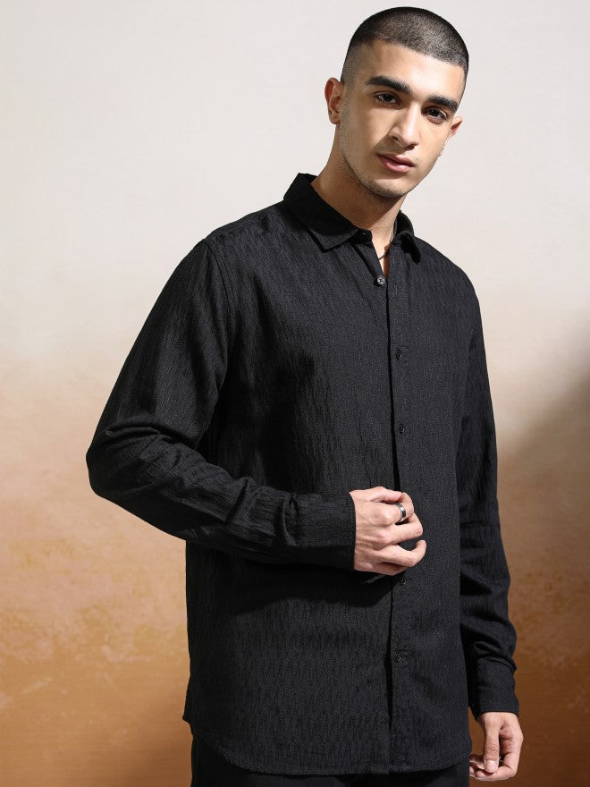 Highlander Men Black Textured Regular Fit Casual Shirt - Black - Image 6