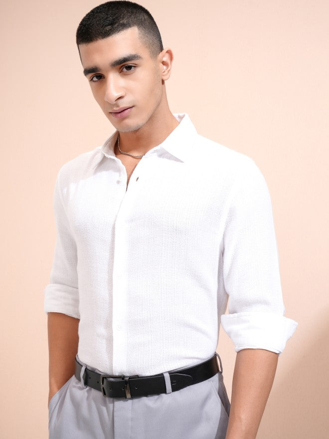 Highlander Men White Textured Relaxed Fit Casual Shirt - White - Image 4