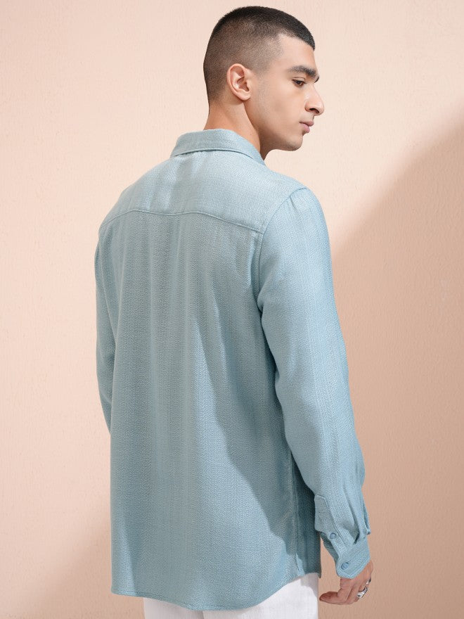Highlander Men Blue Textured Relaxed Fit Casual Shirt - Blue - Image 3