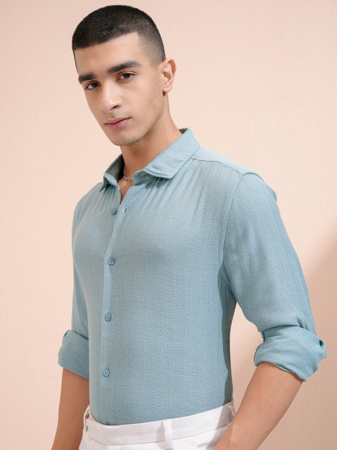 Highlander Men Blue Textured Relaxed Fit Casual Shirt - Blue - Image 4