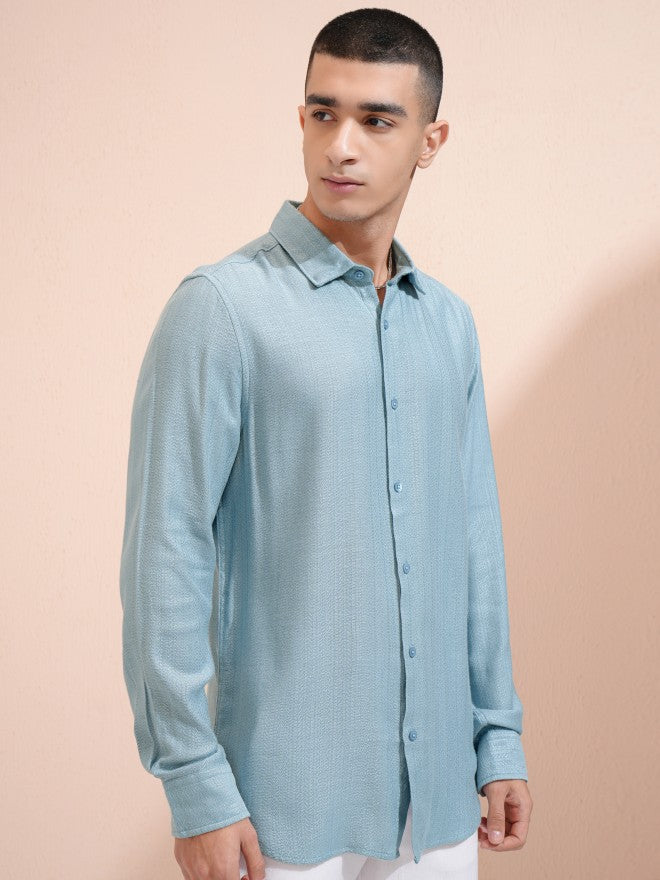 Highlander Men Blue Textured Relaxed Fit Casual Shirt - Blue - Image 6