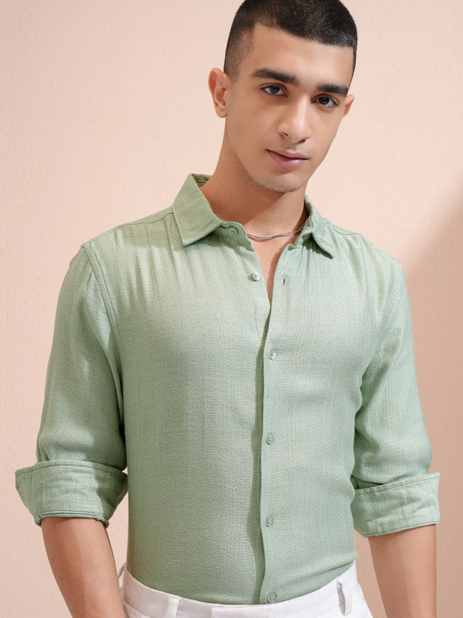Highlander Men Green Textured Relaxed Fit Casual Shirt - Green - Image 1