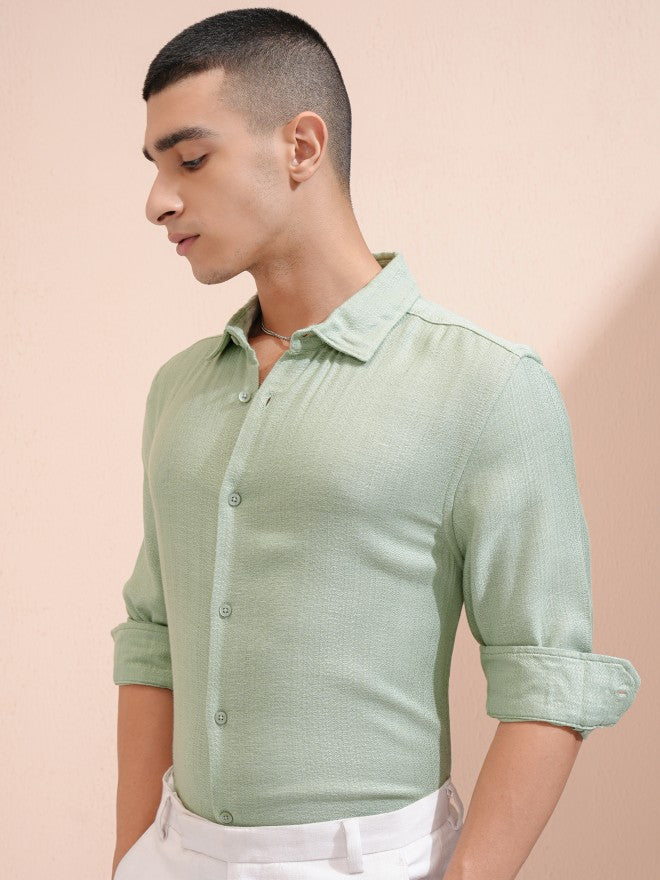 Highlander Men Green Textured Relaxed Fit Casual Shirt - Green - Image 4