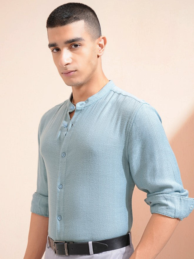 Highlander Men Blue Textured Relaxed Fit Casual Shirt - Blue - Image 4