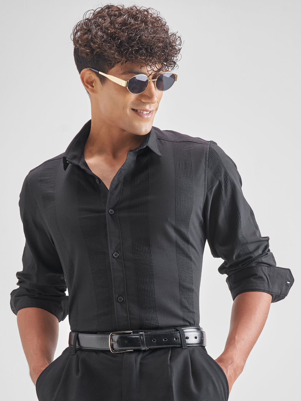 Highlander Men Black Self Design Slim Fit Casual Shirt - Black - Image 1