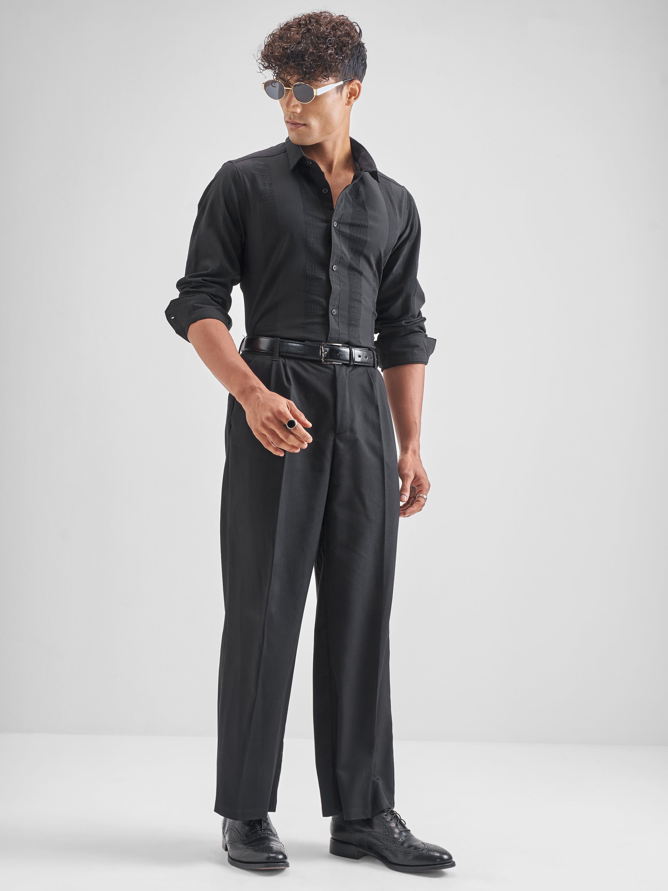 Highlander Men Black Self Design Slim Fit Casual Shirt - Black - Image 2