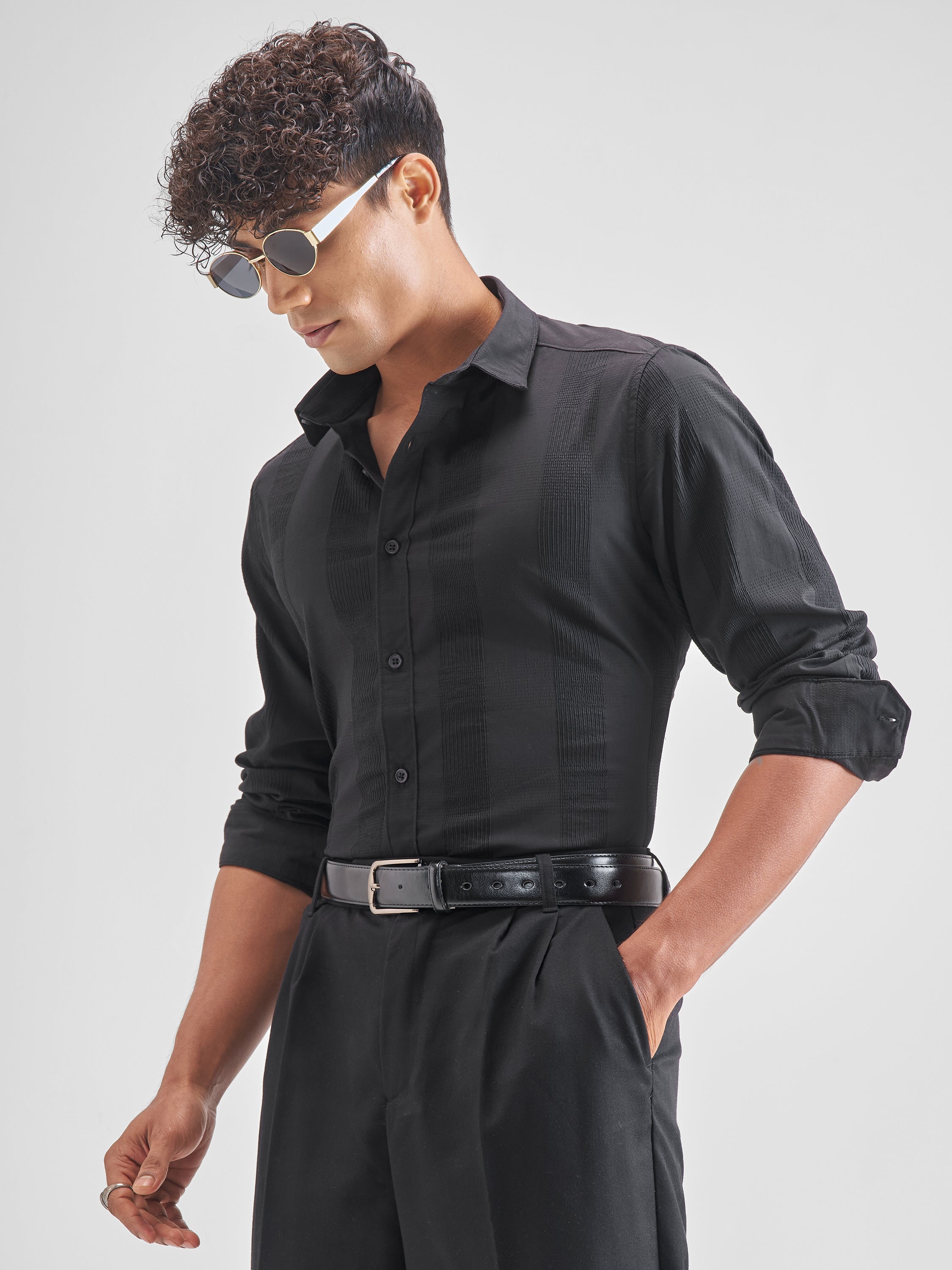 Highlander Men Black Self Design Slim Fit Casual Shirt - Black - Image 4