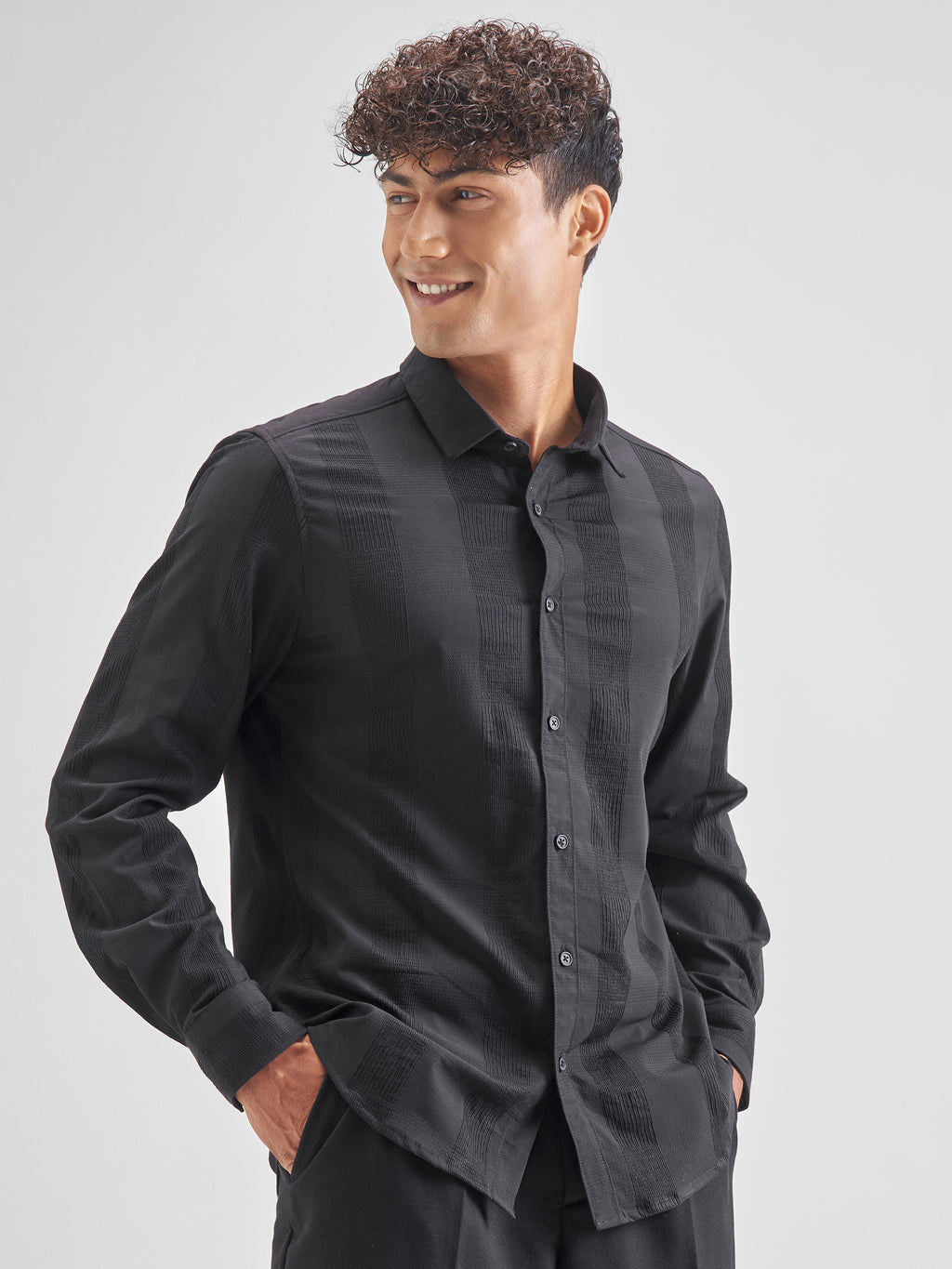 Highlander Men Black Self Design Slim Fit Casual Shirt - Black - Image 6