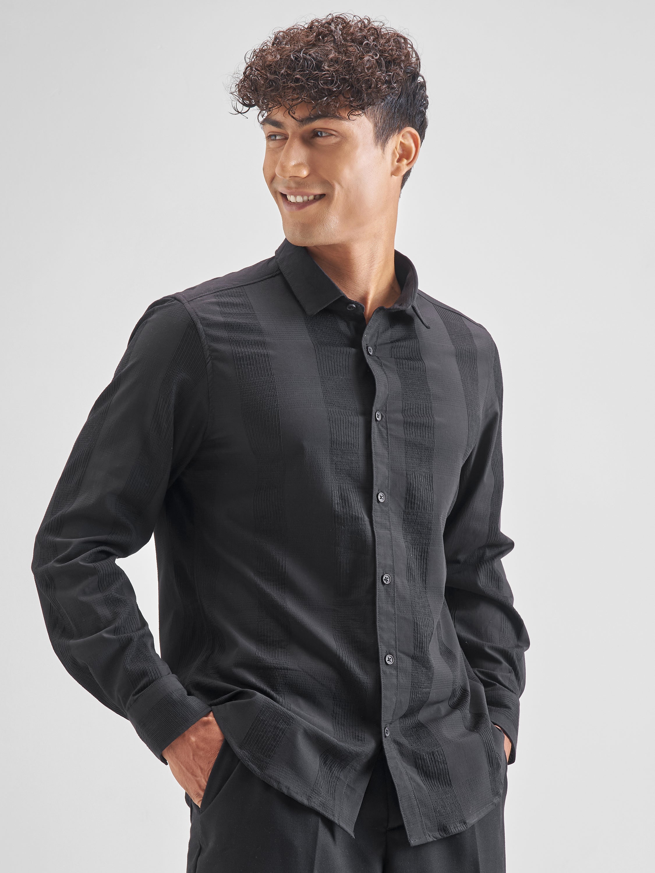 Highlander Men Black Self Design Slim Fit Casual Shirt - Black - Image 6