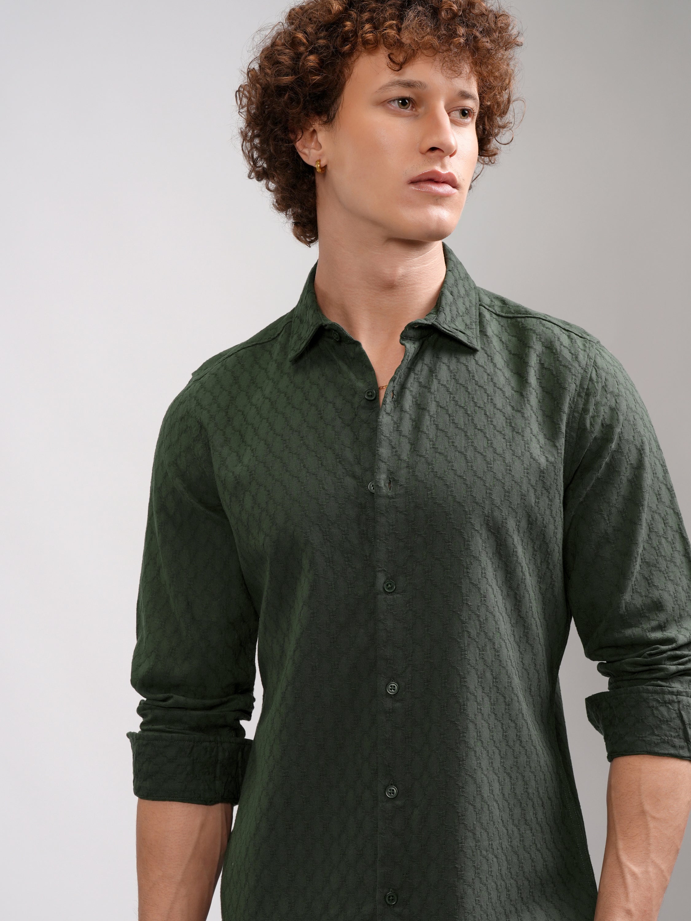 Highlander Men Green Self Design Regular Fit Casual Shirt - Green - Image 1