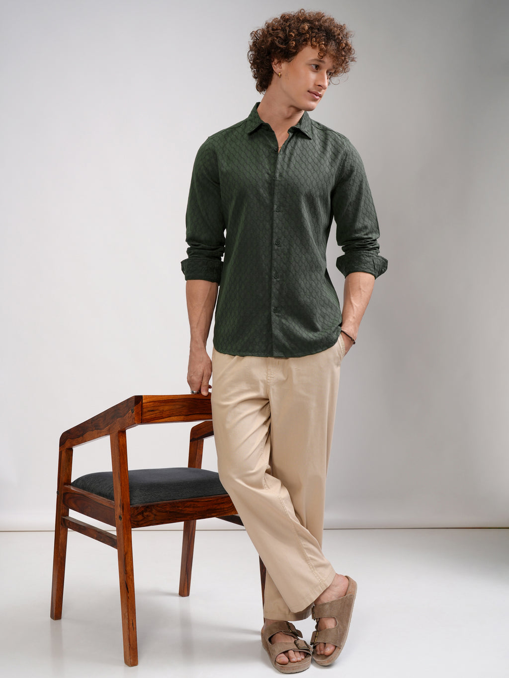 Highlander Men Green Self Design Regular Fit Casual Shirt - Green - Image 2
