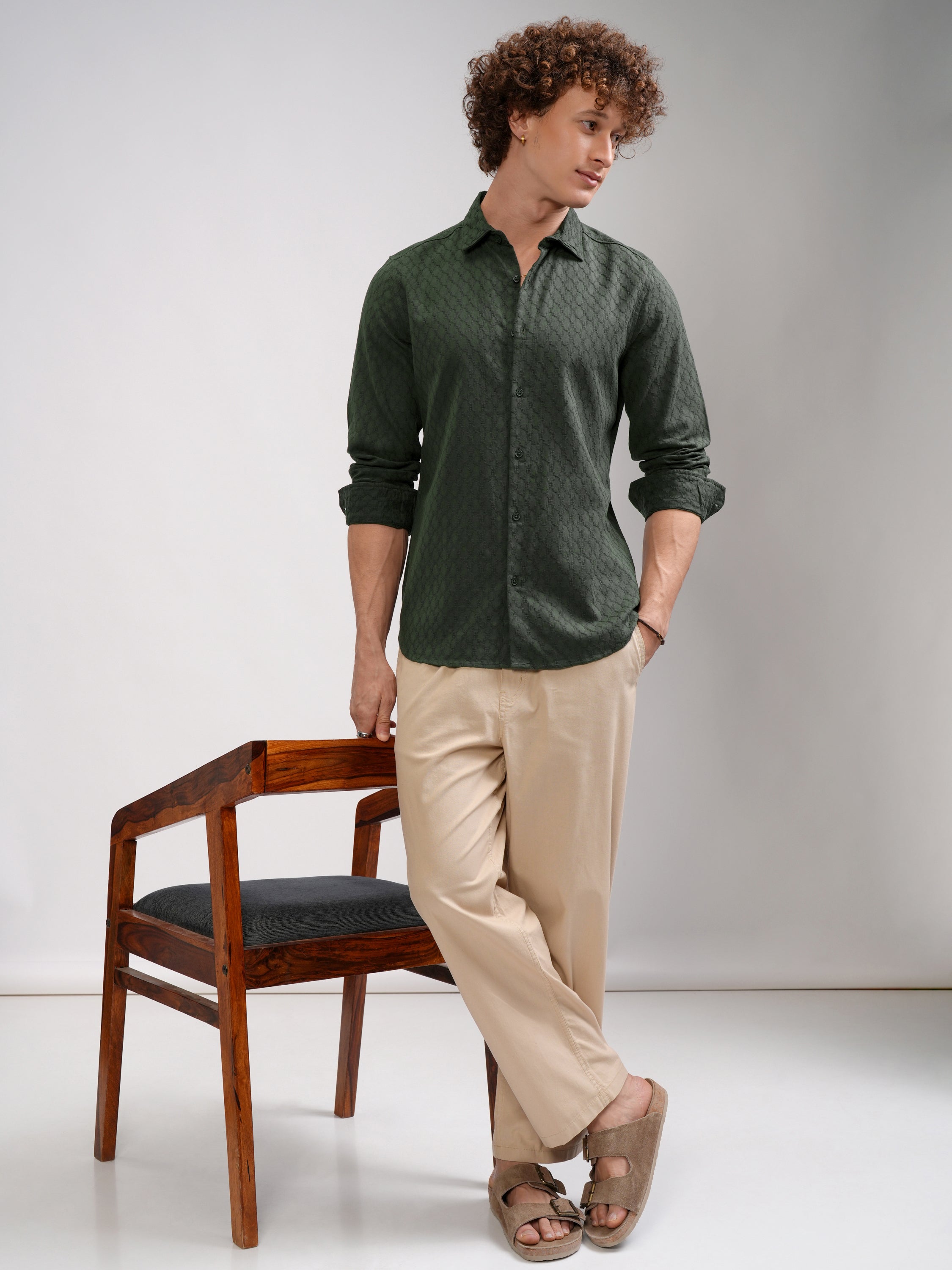 Highlander Men Green Self Design Regular Fit Casual Shirt - Green - Image 2
