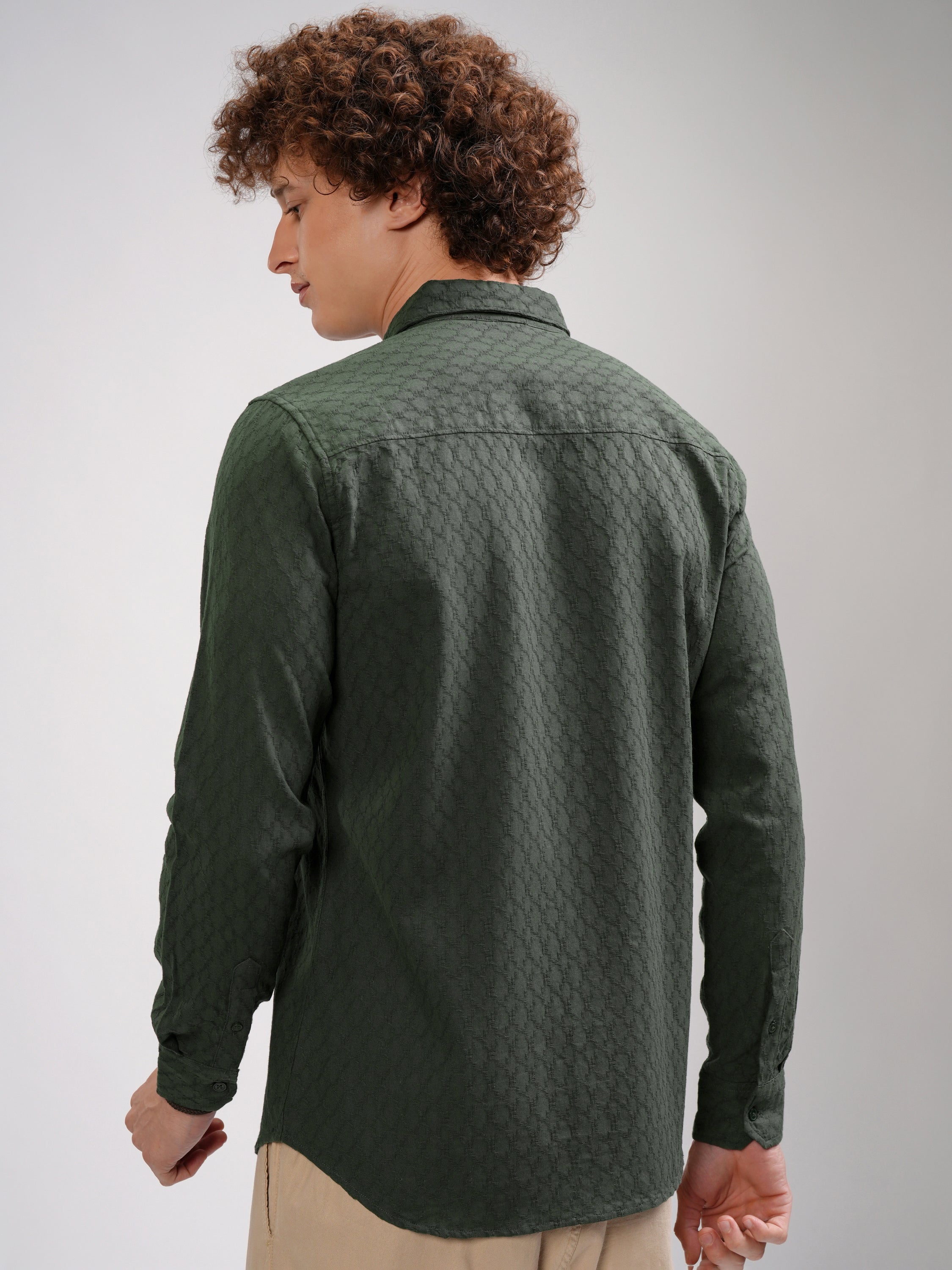 Highlander Men Green Self Design Regular Fit Casual Shirt - Green - Image 3