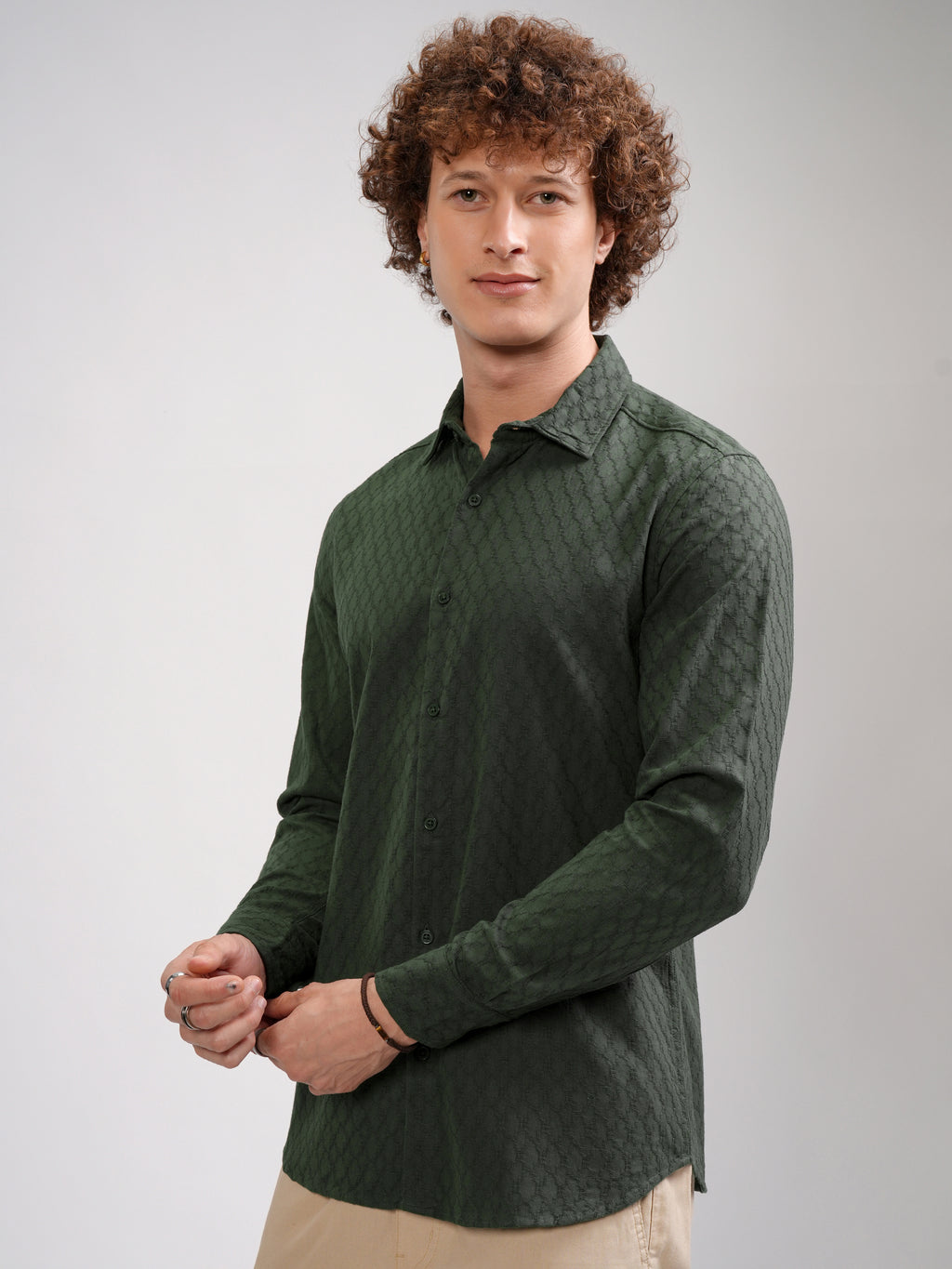 Highlander Men Green Self Design Regular Fit Casual Shirt - Green - Image 4