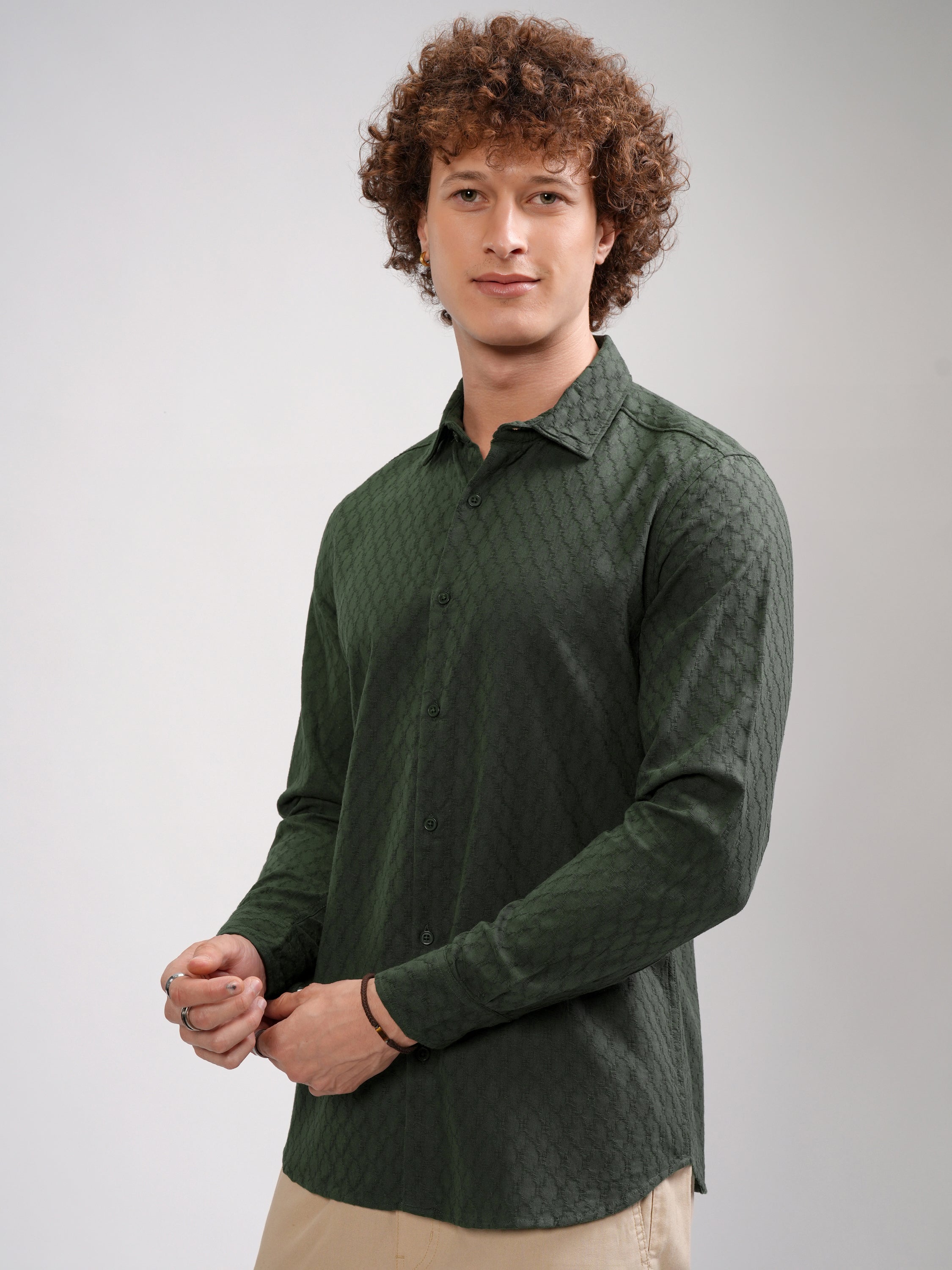 Highlander Men Green Self Design Regular Fit Casual Shirt - Green - Image 4