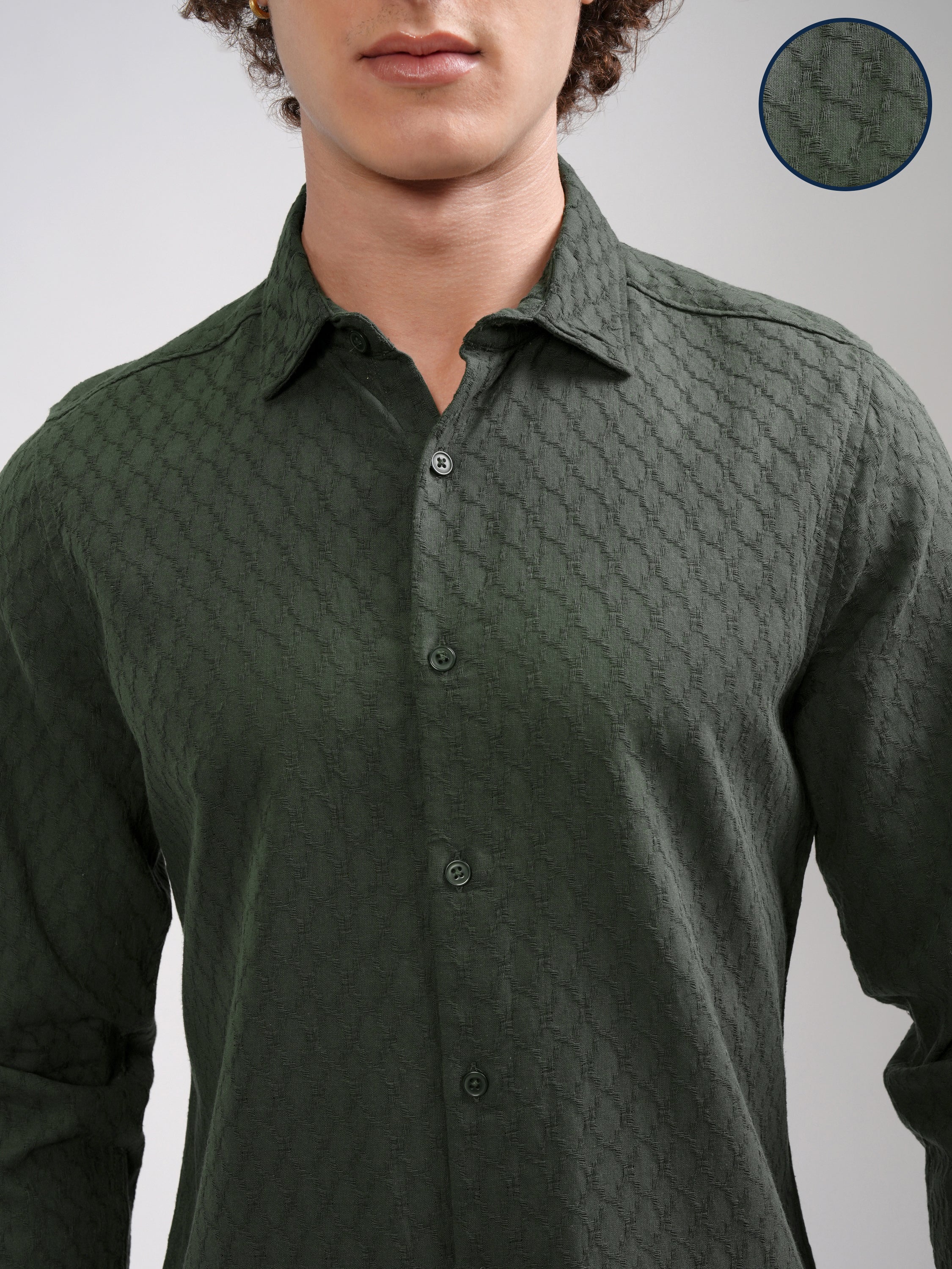 Highlander Men Green Self Design Regular Fit Casual Shirt - Green - Image 5
