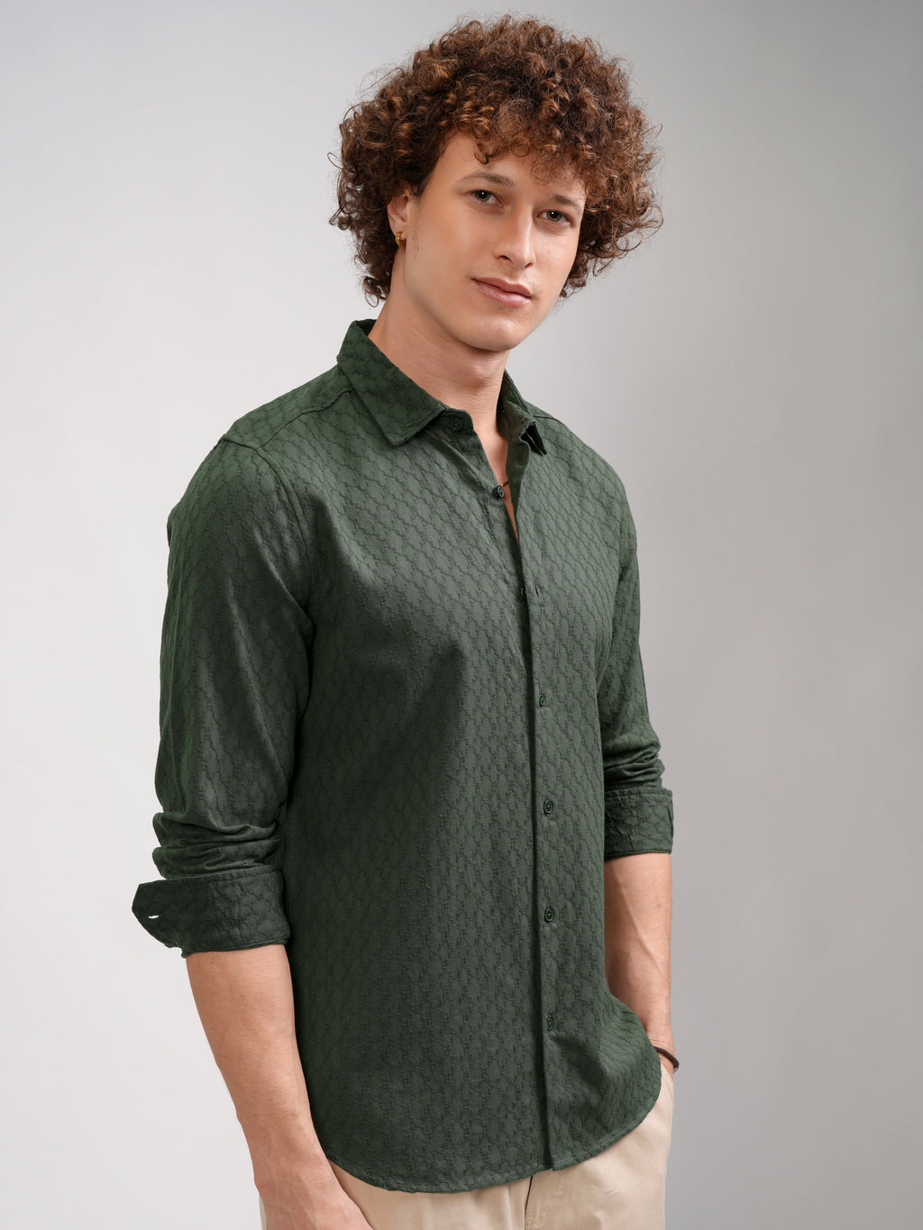 Highlander Men Green Self Design Regular Fit Casual Shirt - Green - Image 6