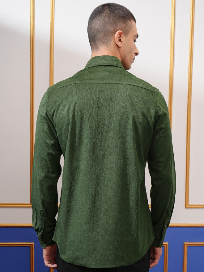 Highlander Men Green Textured Slim Fit Casual Shirt - Green - Image 3