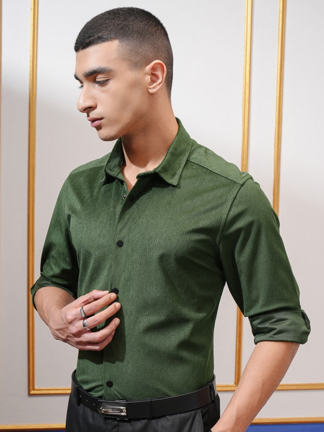Highlander Men Green Textured Slim Fit Casual Shirt - Green - Image 4