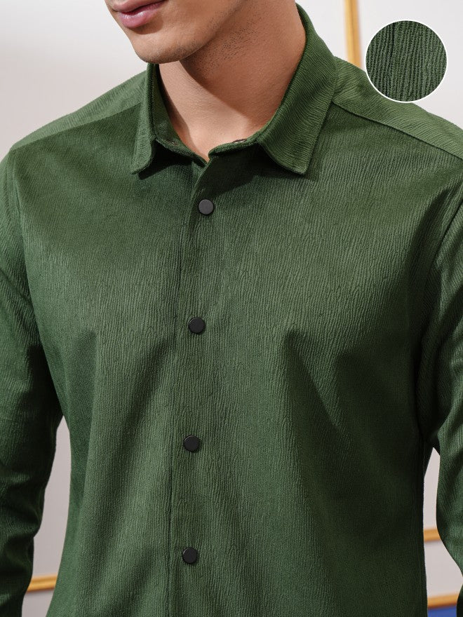 Highlander Men Green Textured Slim Fit Casual Shirt - Green - Image 5
