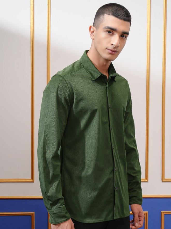 Highlander Men Green Textured Slim Fit Casual Shirt - Green - Image 6