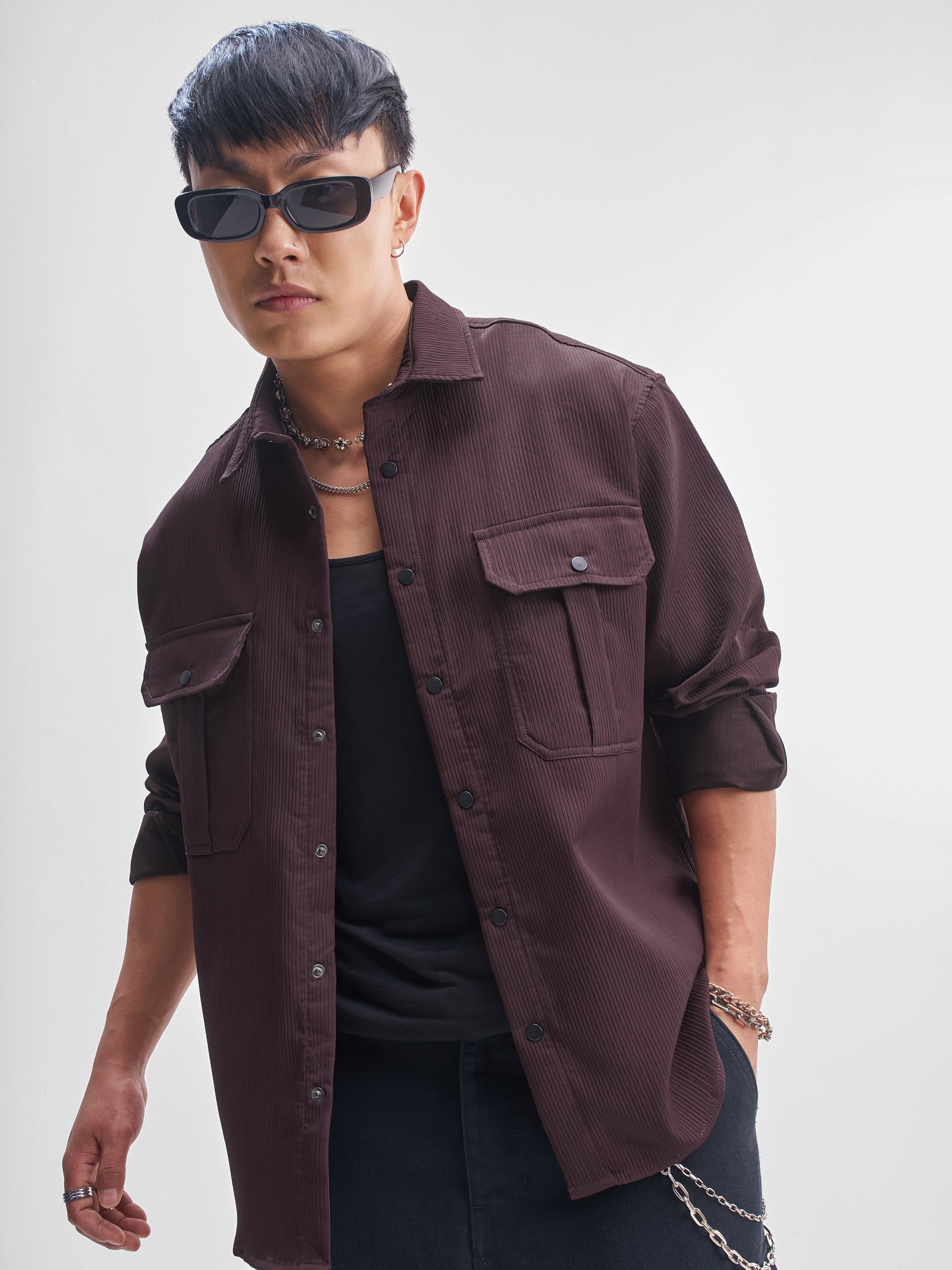 Highlander Men Burgundy Self Design Oversized Fit Casual Shirt - Burgundy - Image 1