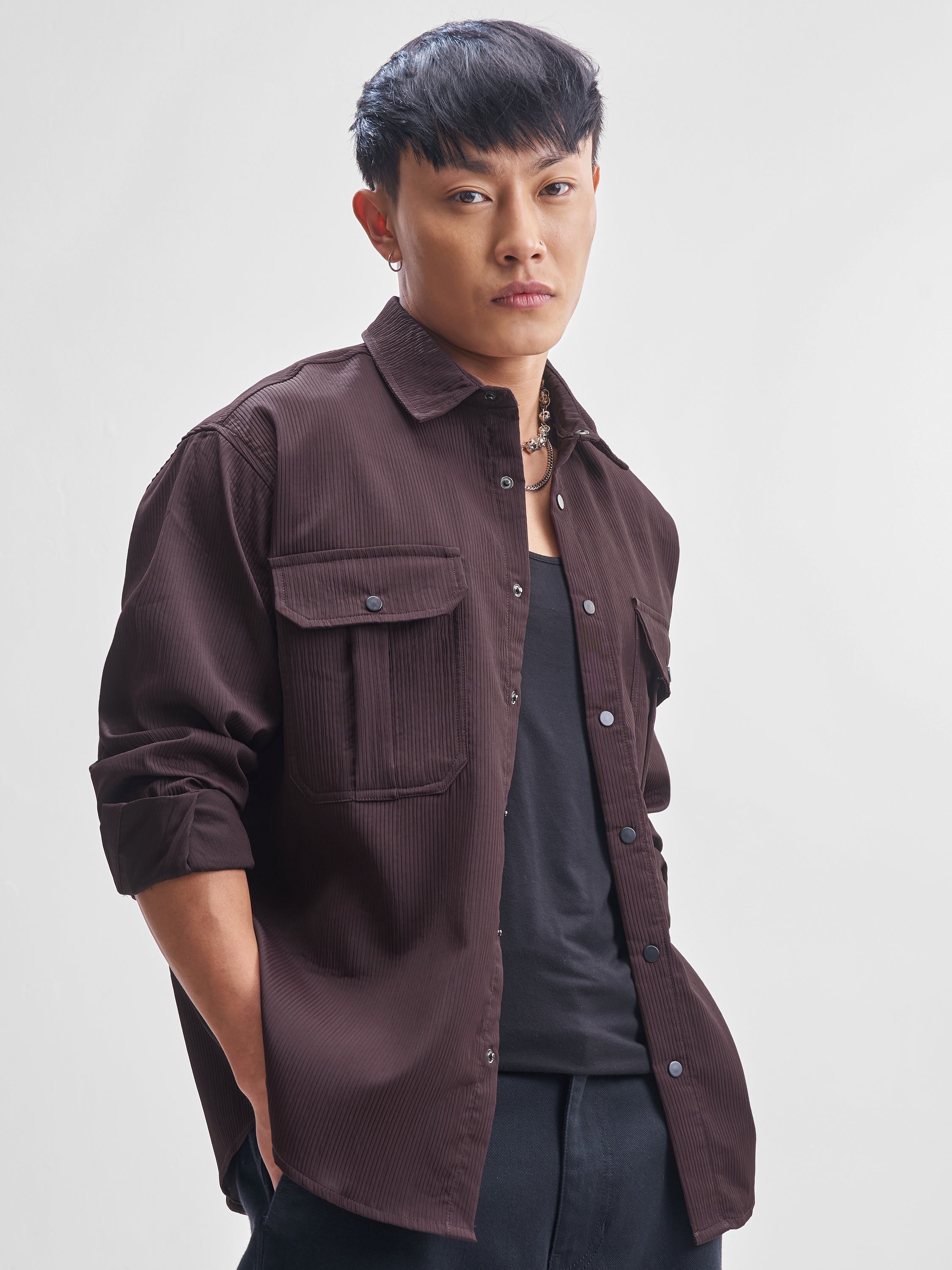Highlander Men Burgundy Self Design Oversized Fit Casual Shirt - Burgundy - Image 6