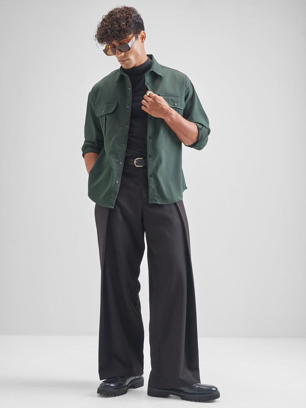 Highlander Men Green Self Design Oversized Fit Casual Shirt - Green - Image 2