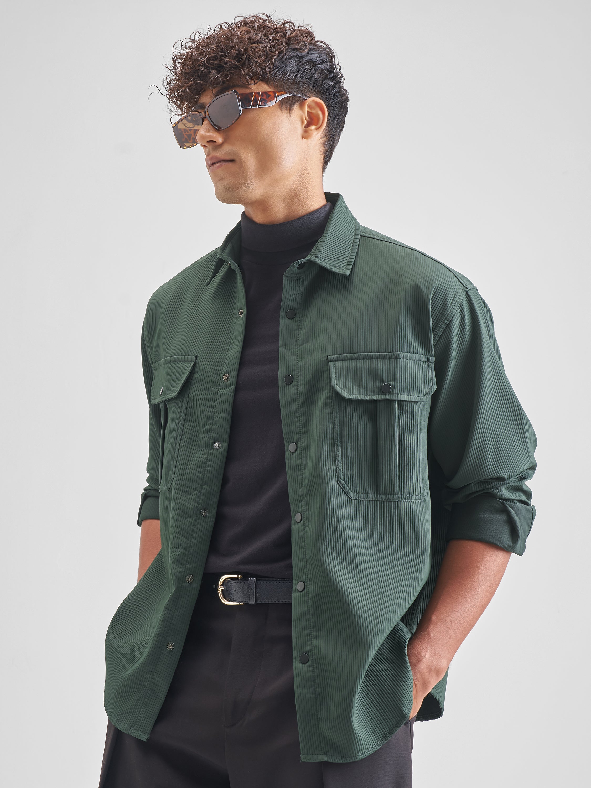 Highlander Men Green Self Design Oversized Fit Casual Shirt - Green - Image 4