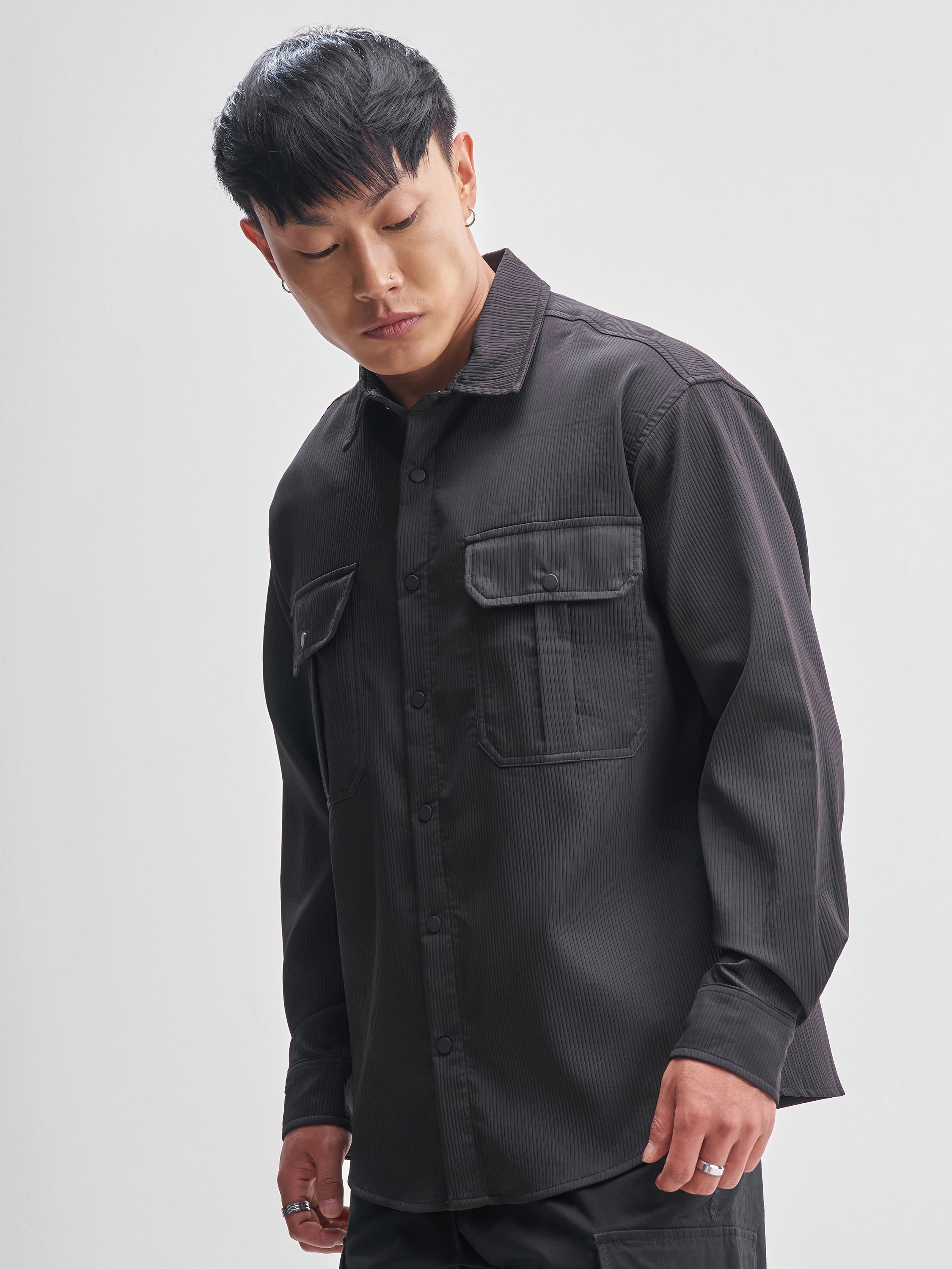 Highlander Men Black Self Design Oversized Fit Casual Shirt - Black - Image 4